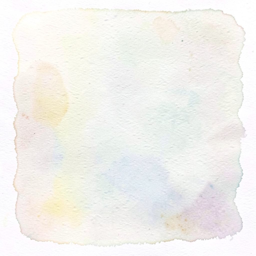 Soft watercolour still life of folded towels and a small oil bottle in pale blue and cream